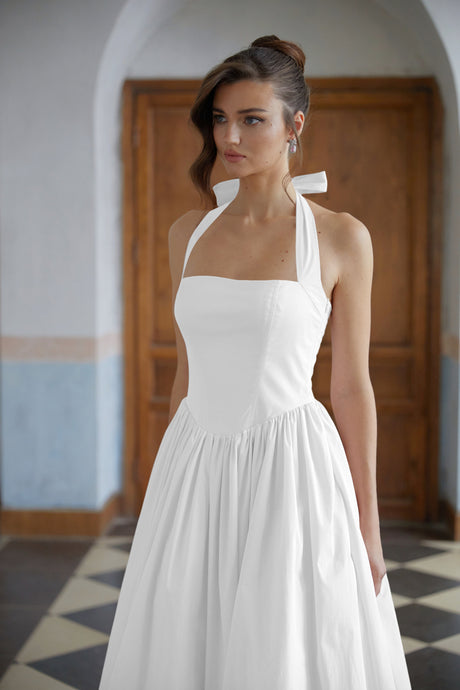 Aurohaya Eponine White Layered Flared Hem Midi Dress