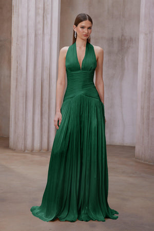 Aurohaya Verdelune Emerald Green Gathered Maxi Dress