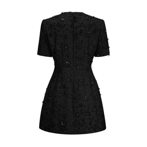 Aurohaya Celestia Floral-Appliqué Embellished Mini Dress in Black