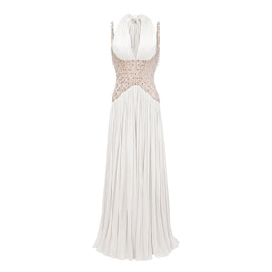 Aurohaya Gwenaëlle White Rhinestone Panel Maxi Dress