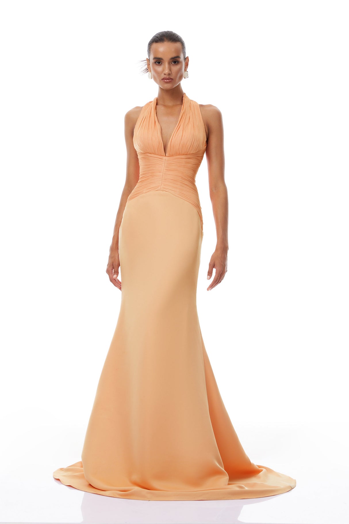 Aurohaya Emmeline Orange Train Design Gathered Maxi Dress