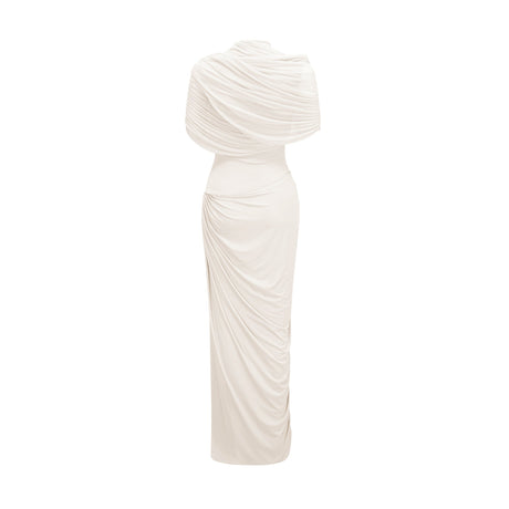 Aurohaya Catherine White Asymmetrical Pleated Maxi Dress