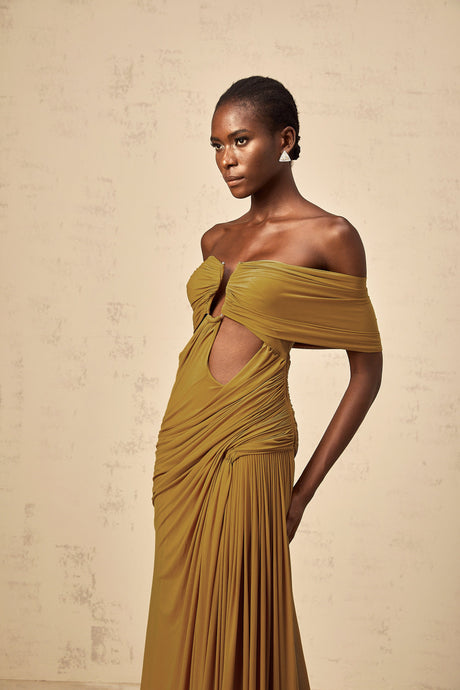 Aurohaya Ludivine ocher off-shoulder cut-out ruched maxi dress