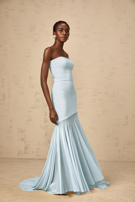 Aurohaya Josiane Blue Off-shoulder Sheer Tulle Maxi Dress
