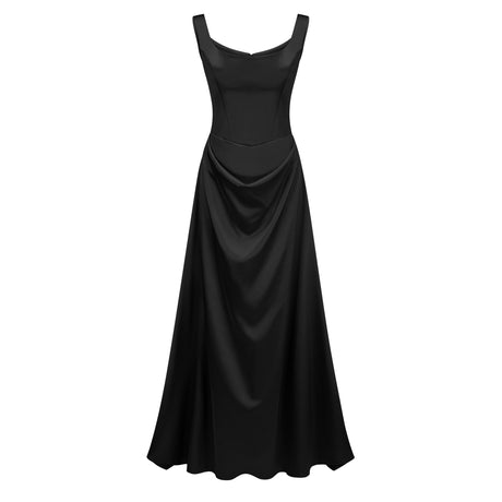 Aurohaya Fiona Black Satin Square Neck Maxi Dress