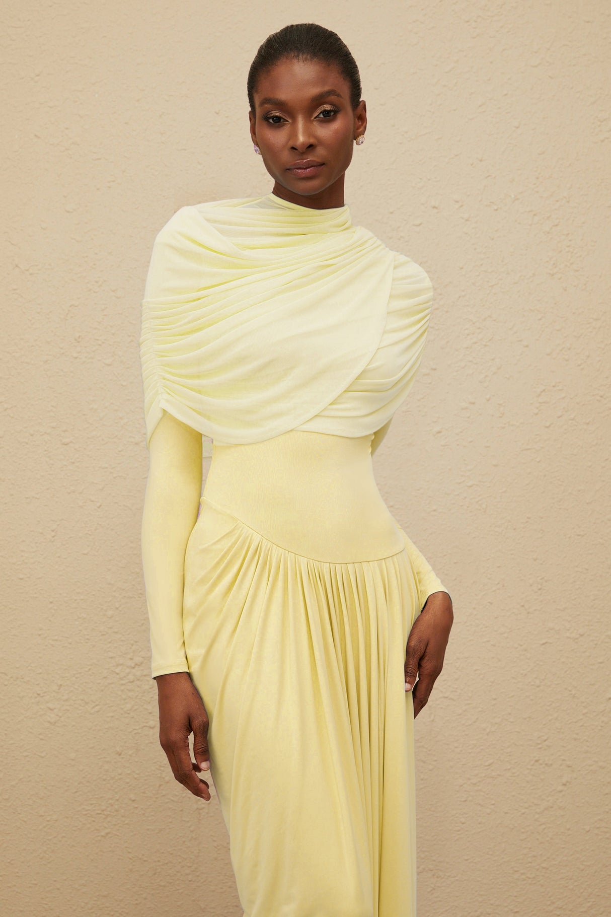 Aurohaya Catherine Yellow Asymmetrical Pleated Long-Sleeve Maxi Dress