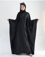 Wrinkled Satin Black Butterfly Abaya Dress