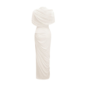 Aurohaya Catherine White Asymmetrical Pleated Maxi Dress