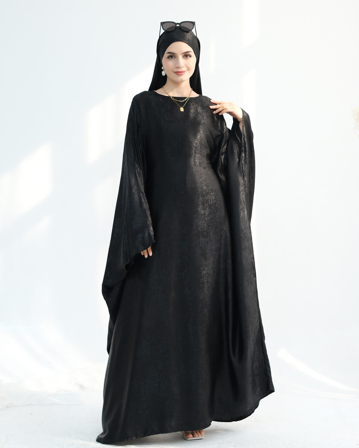 Satin Batwing Black Butterfly Abaya Dress