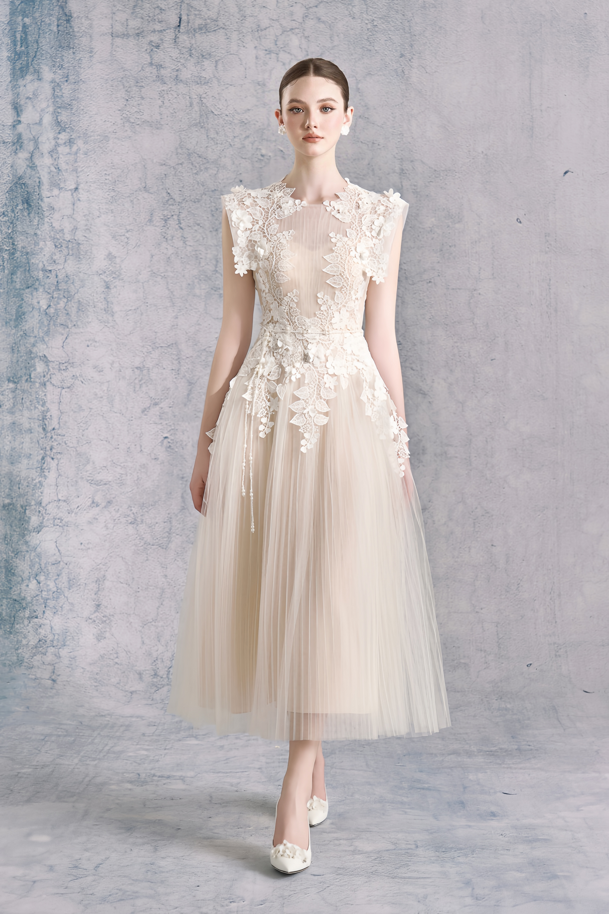 Aurohaya Annabelle Flower-appliqué Tulle Midi Dress (Without Belt)