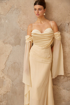 Aurohaya Mélusine Neutral Ruched Chiffon Maxi Dress