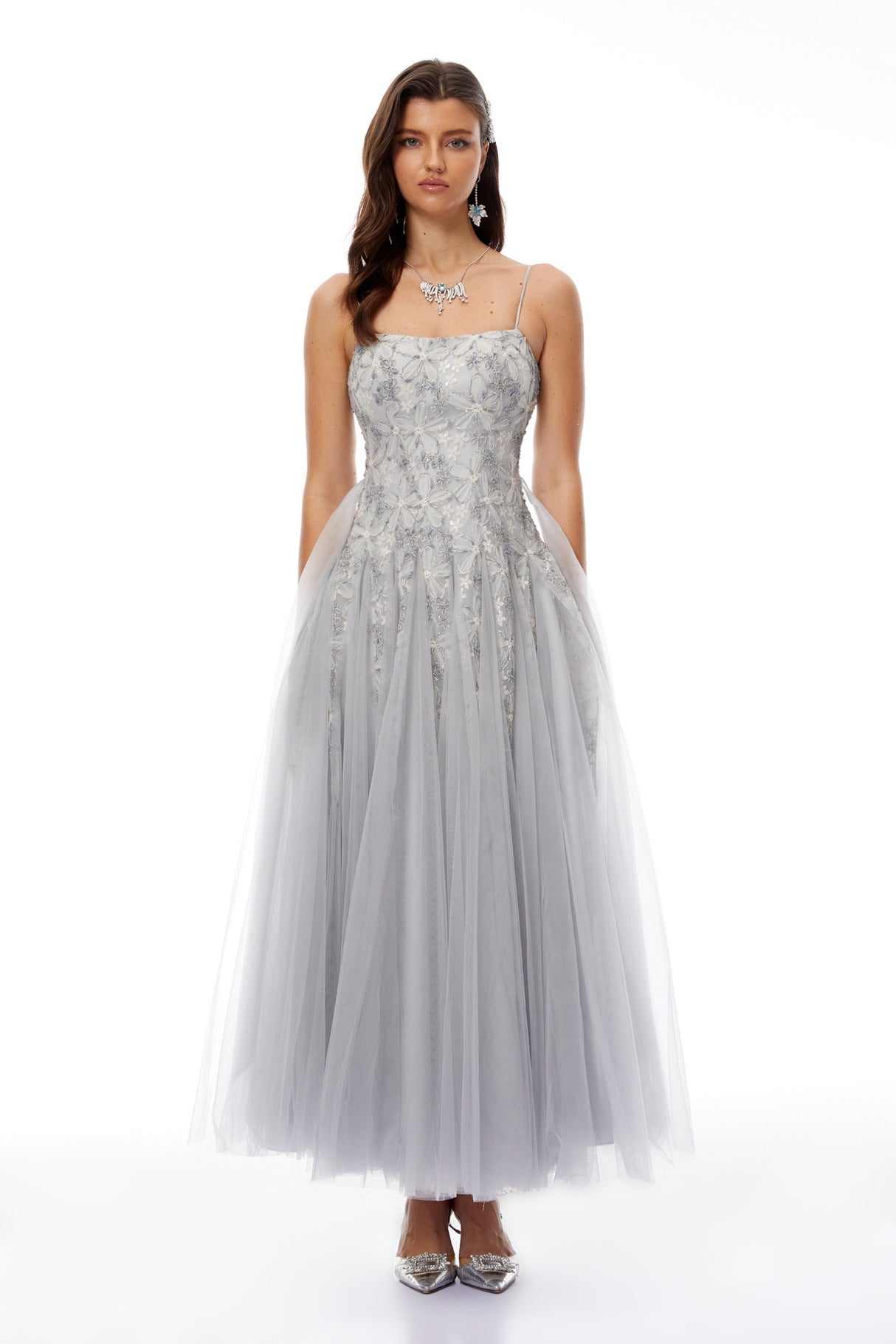 Aurohaya Adalynn Grey Floral Embroidered Tulle Maxi Dress