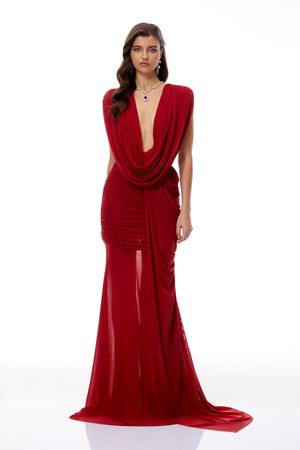 Aurohaya Fíona Red Asymmetrical Draped Maxi Gown