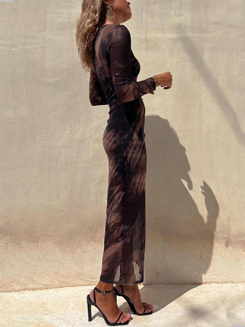 Aurohaya Charm Lady Mesh Overlay Tie Dye Print Long Sleeve Ruched Stretch Midi Dress