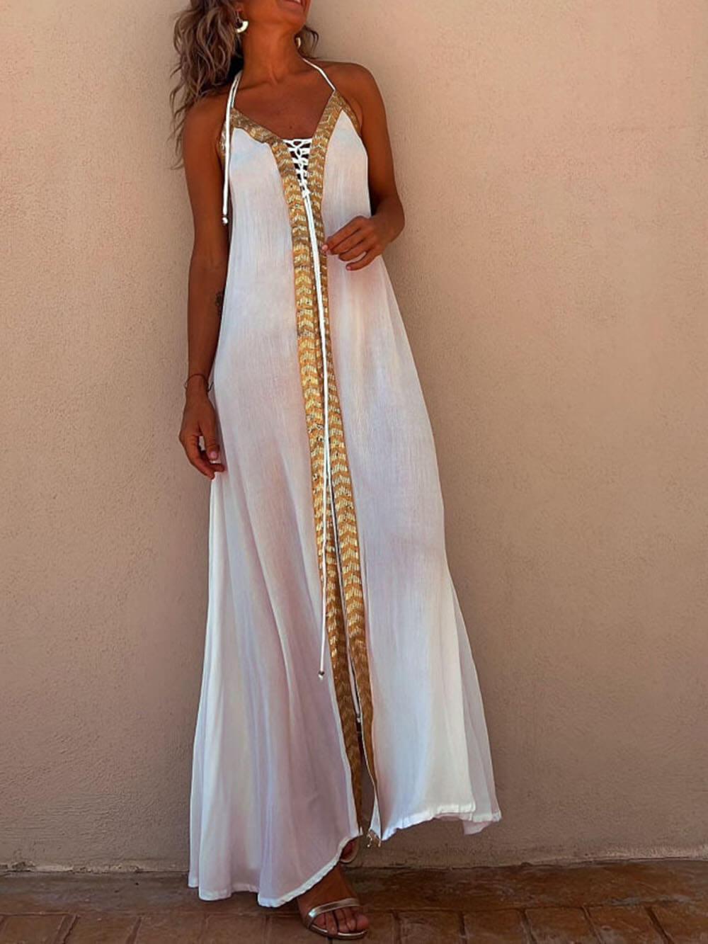 Aurohaya Halter Neck Casual Resort Maxi Dress White