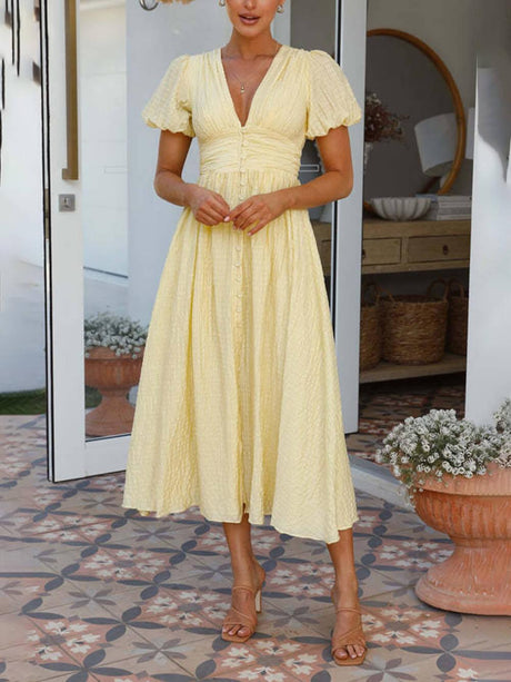 Aurohaya Puff Sleeve V-Neck Long Oversized Hem Dress