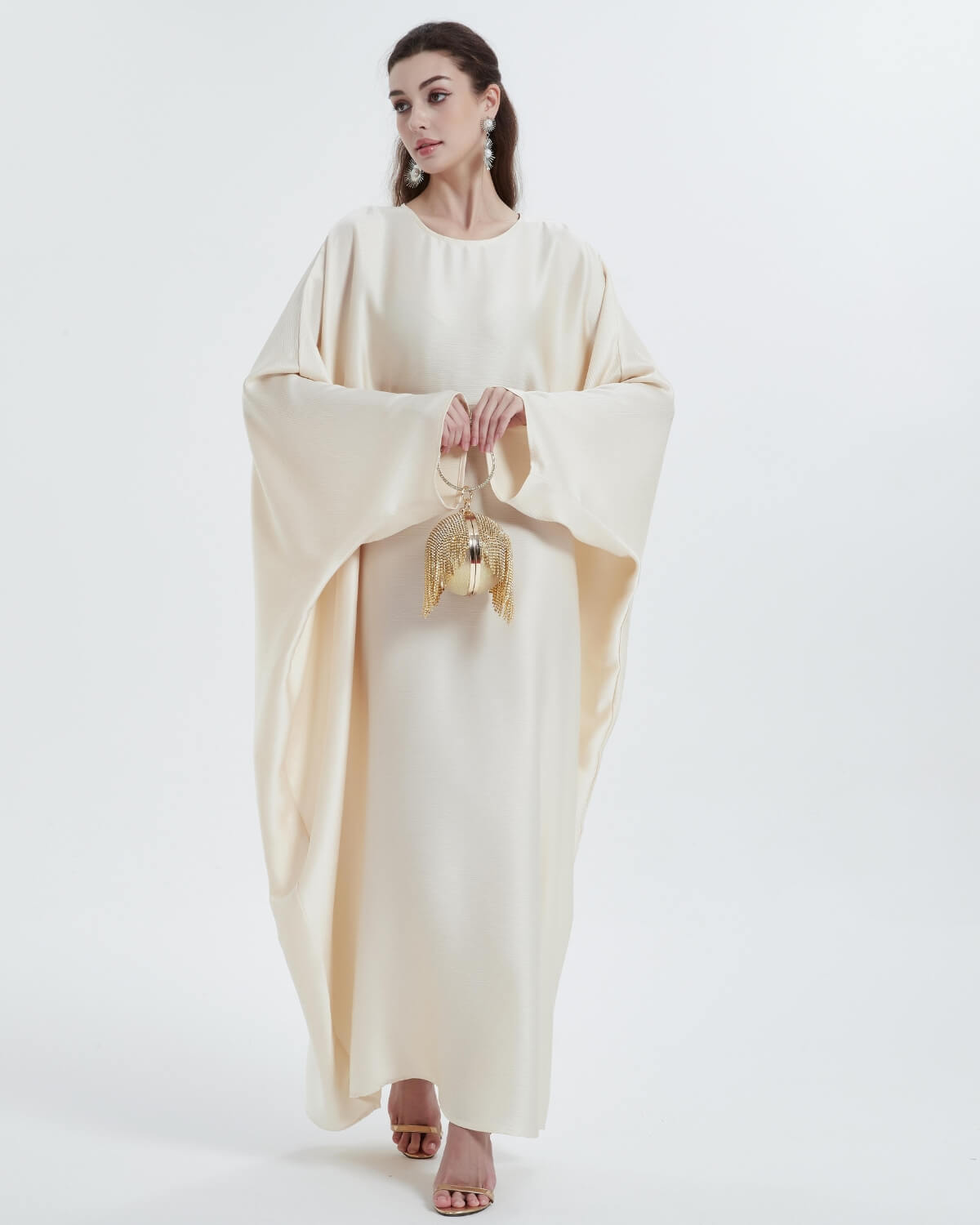 Elegant Satin Maxi Butterfly Abaya Crystal-Embellished Modest Dress