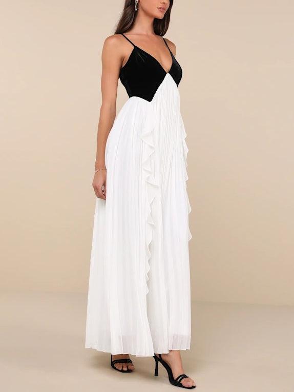 Aurohaya Elegant V-neck Black And White Pleated Maxi Dress
