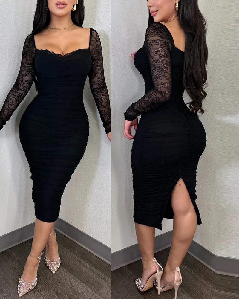 Lace Trim Square Neck Lace Long Sleeve Back Slit Bodycon Dress Zipper Back Backless Ruched Party Dress