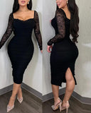 Lace Trim Square Neck Lace Long Sleeve Back Slit Bodycon Dress Zipper Back Backless Ruched Party Dress