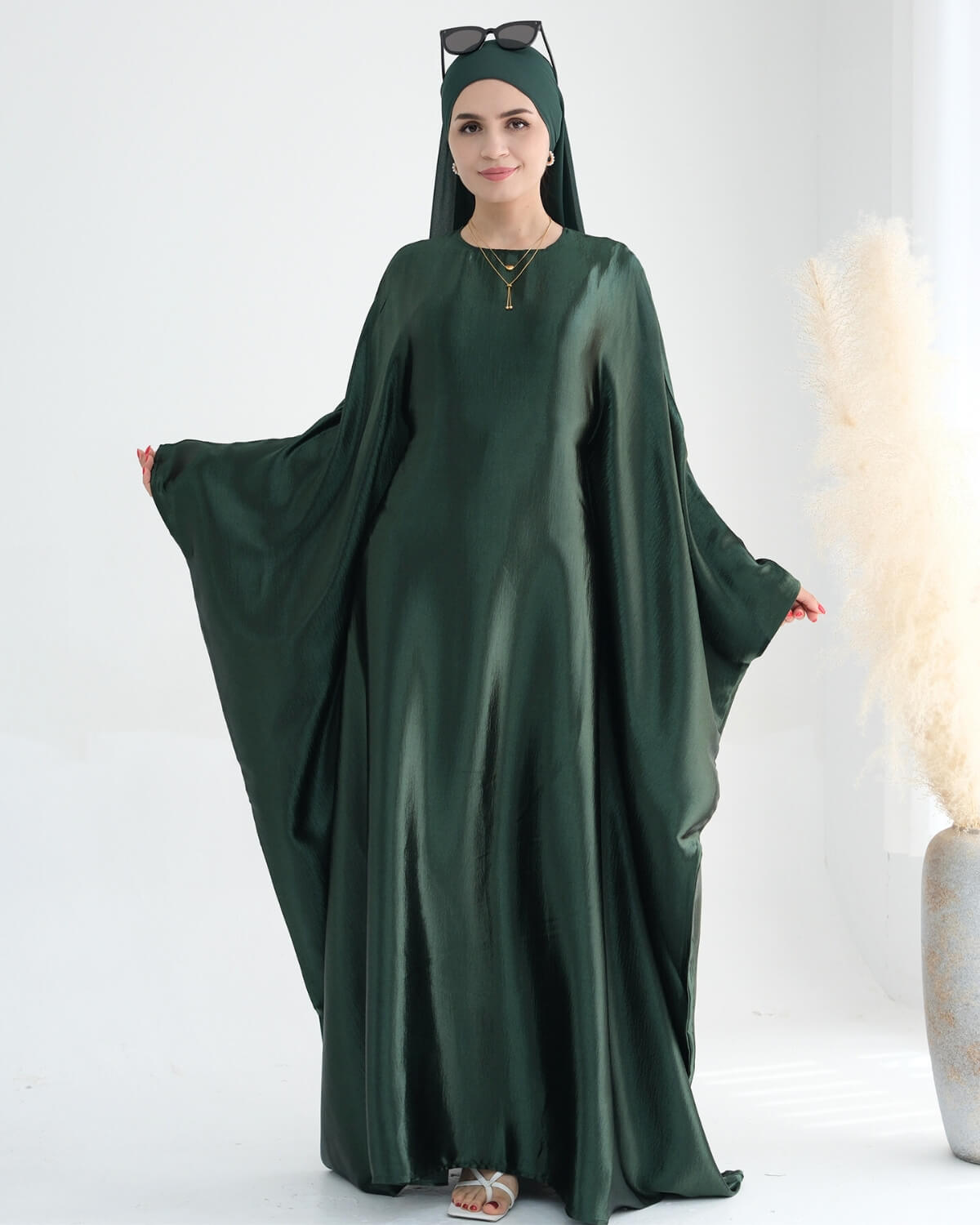 Wrinkled Satin Dark Green Butterfly Abaya Dress
