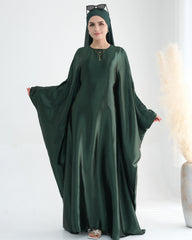 Wrinkled Satin Dark Green Butterfly Abaya Dress