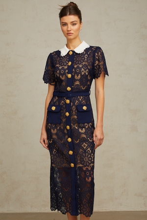 Aurohaya Ariane Navy Crochet-lace Midi Dress