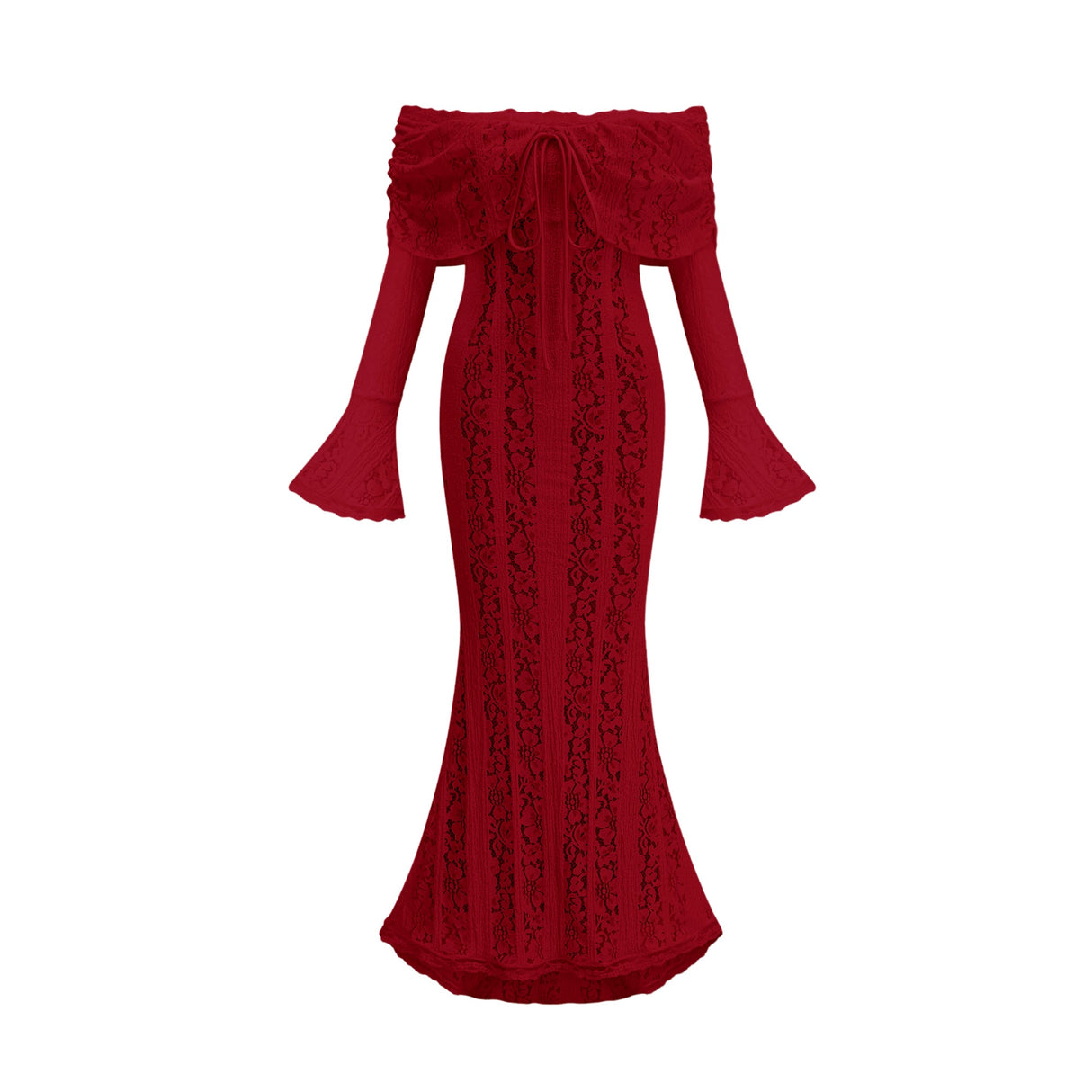 Aurohaya Émeline floral lace train-design maxi dress in Red