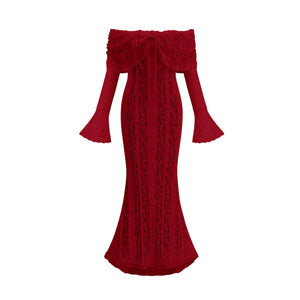 Aurohaya Émeline floral lace train-design maxi dress in Red