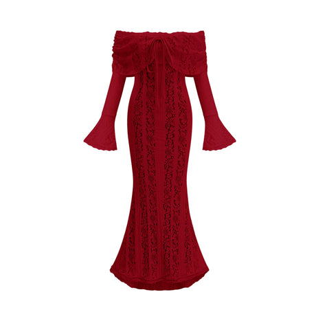 Aurohaya Émeline floral lace train-design maxi dress in Red