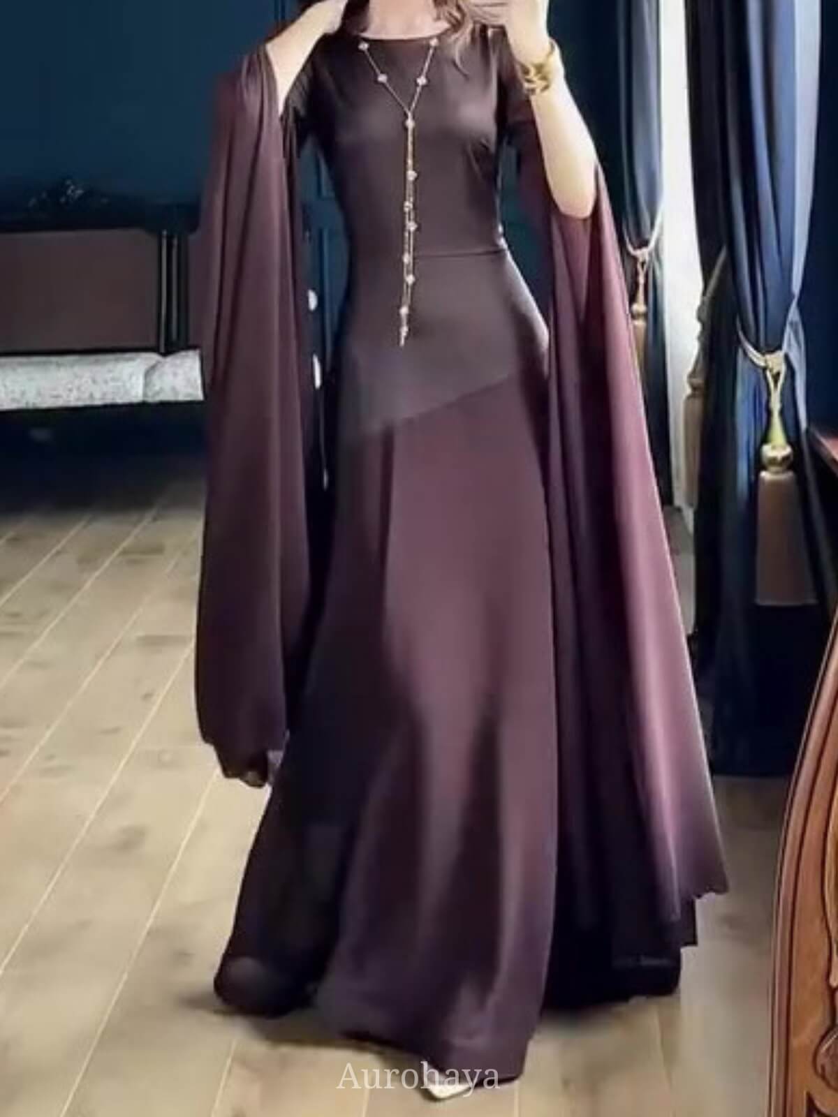 Round Neck Long Split Slit Sleeve Maxi Dress, DES104