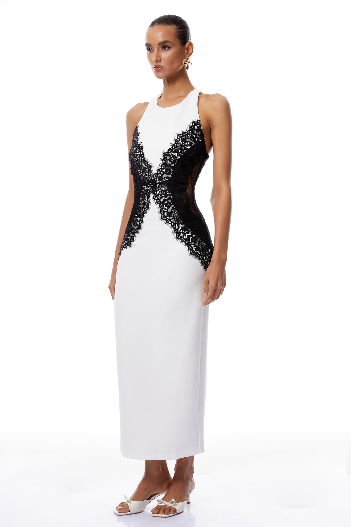 Aurohaya Ilaria White Halterneck Lace Panel Maxi Dress