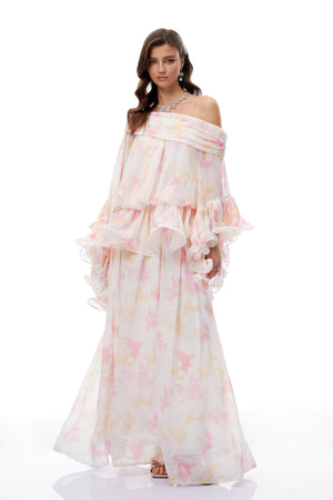 Aurohaya Rolf White Floral Print Ruffled Maxi Dress