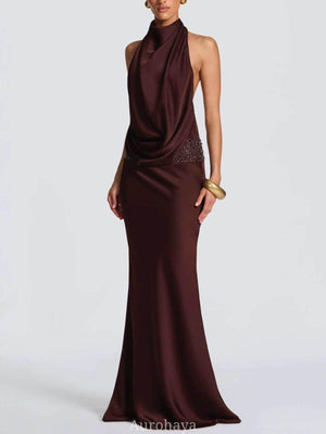 Aurohaya Camille Backless Sequin Satin Maxi Dress Brown