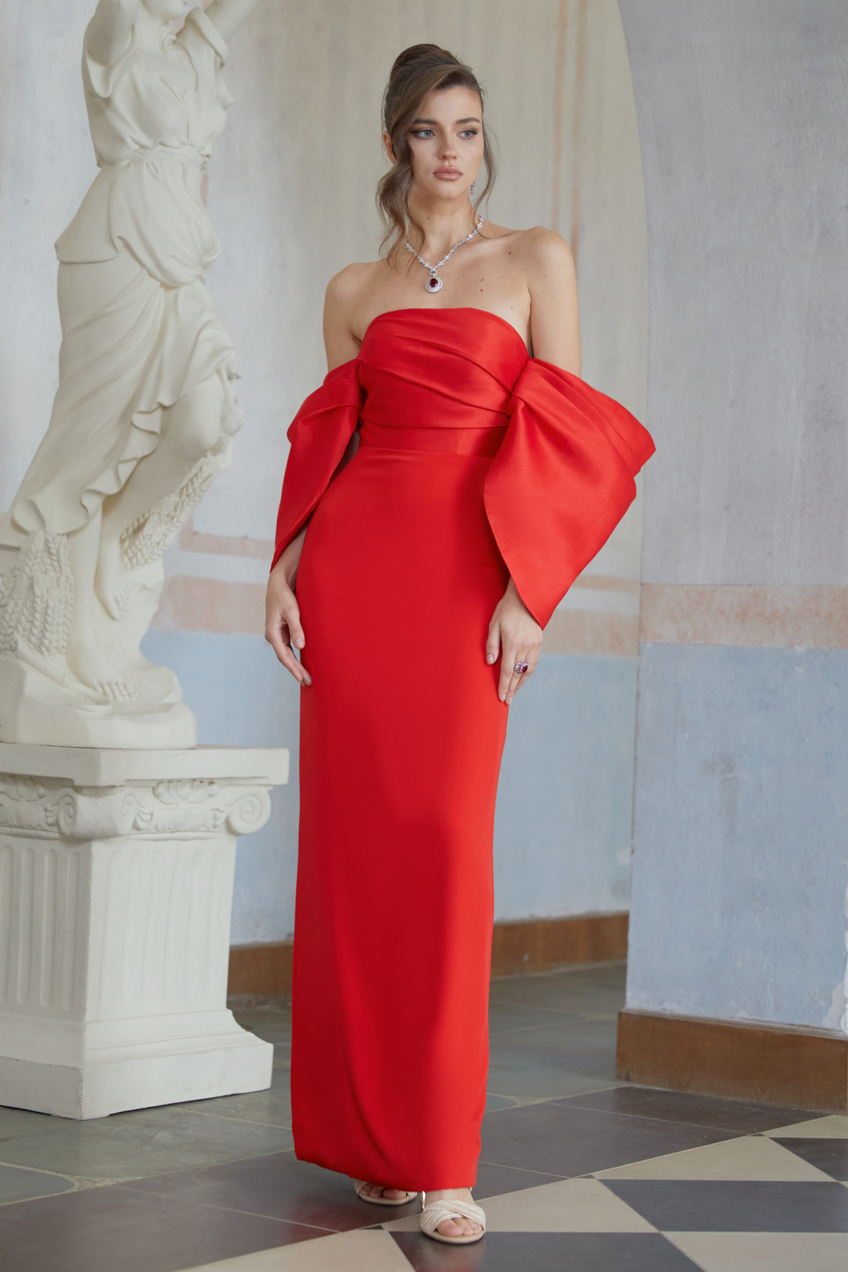 Aurohaya Verity Red Off Shoulder Gathered Maxi Gown