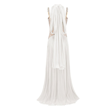 Aurohaya Gwenaëlle White Rhinestone Panel Maxi Dress