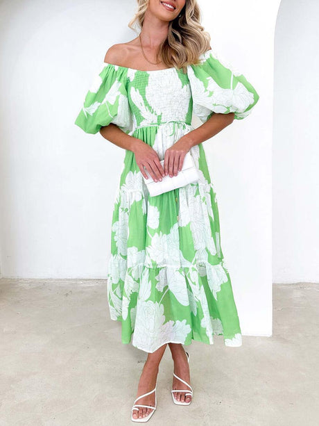 Aurohaya Unique Floral Print Patchwork Up Pleated Maxi Dress