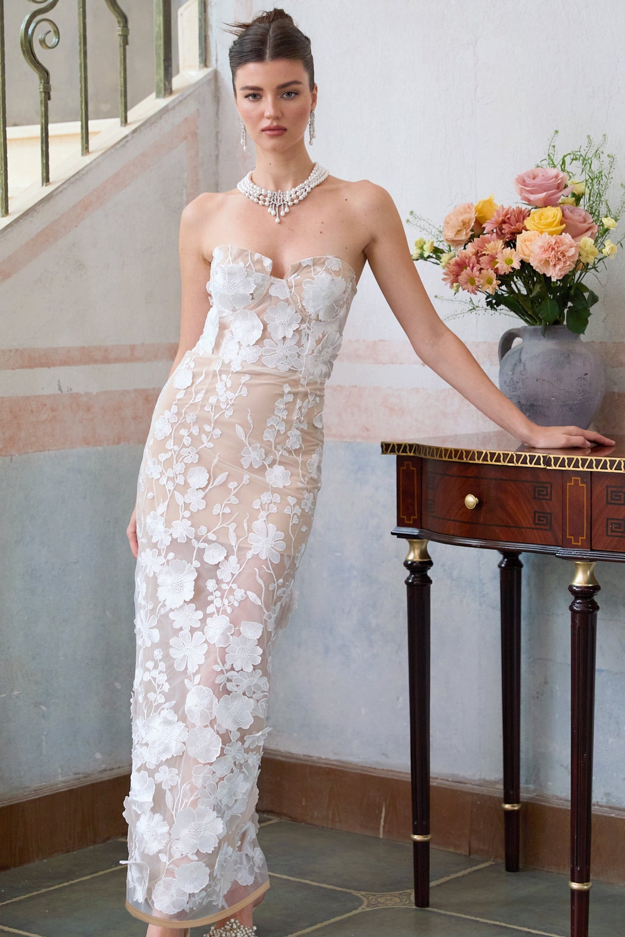 Aurohaya Brigitte White Floral Appliqué Corset Maxi Dress
