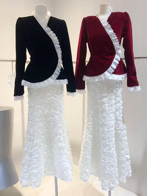 Aurohaya Velvet Ruffle Evening Dress Set — Peplum Blazer & Floral Mermaid Skirt