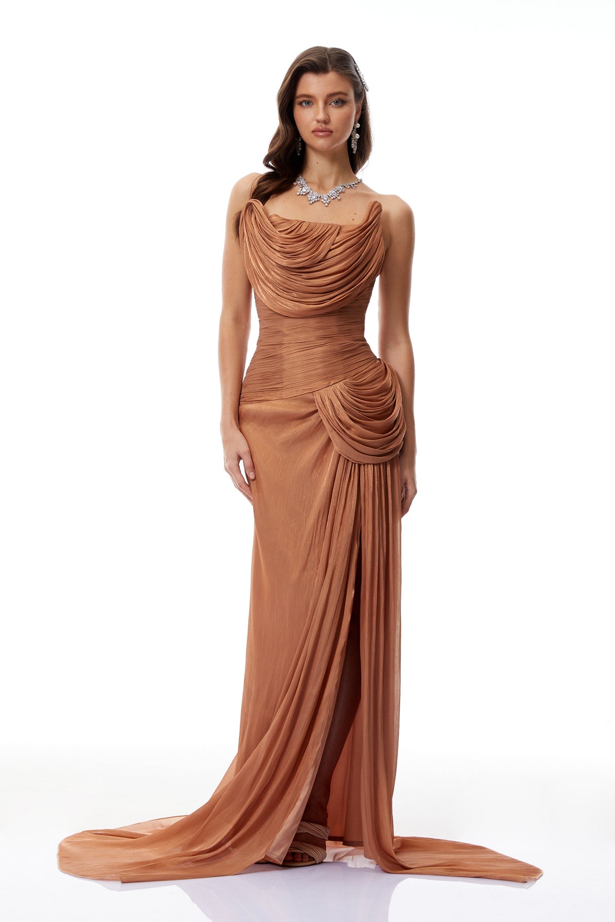Aurohaya Gelsomina Gold Asymmetrical Glossy Gathered Maxi Dress