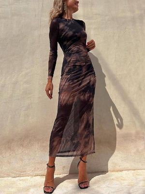 Aurohaya Charm Lady Mesh Overlay Tie Dye Print Long Sleeve Ruched Stretch Midi Dress Black