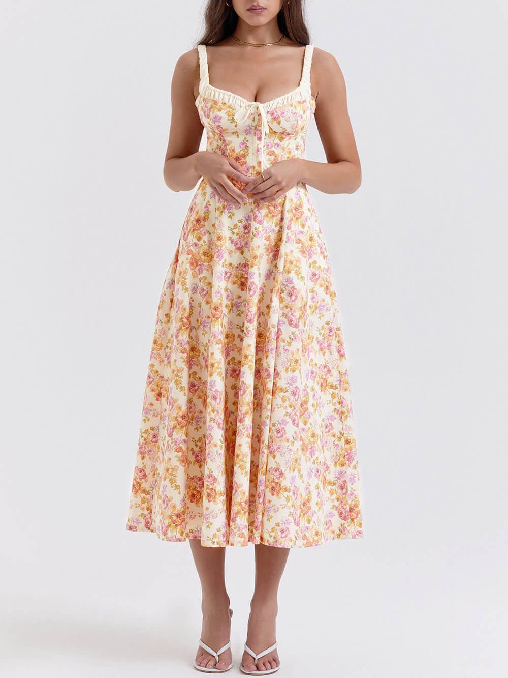 Aurohaya Suspender Patchwork Printed Lace-Up Midi Dress