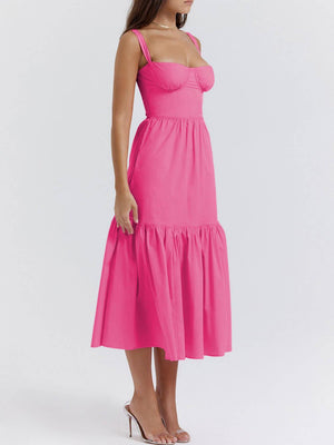 Aurohaya Strap Solid Color A-Hem Midi Dress