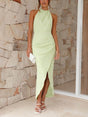 Aurohaya Unique Split Pleated Neckline Slim Maxi Dress Green