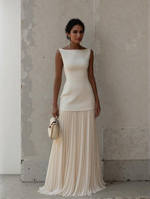 Aurohaya Elegant Pleated Classic Boat Neck Pleated Maxi Dress Apricot