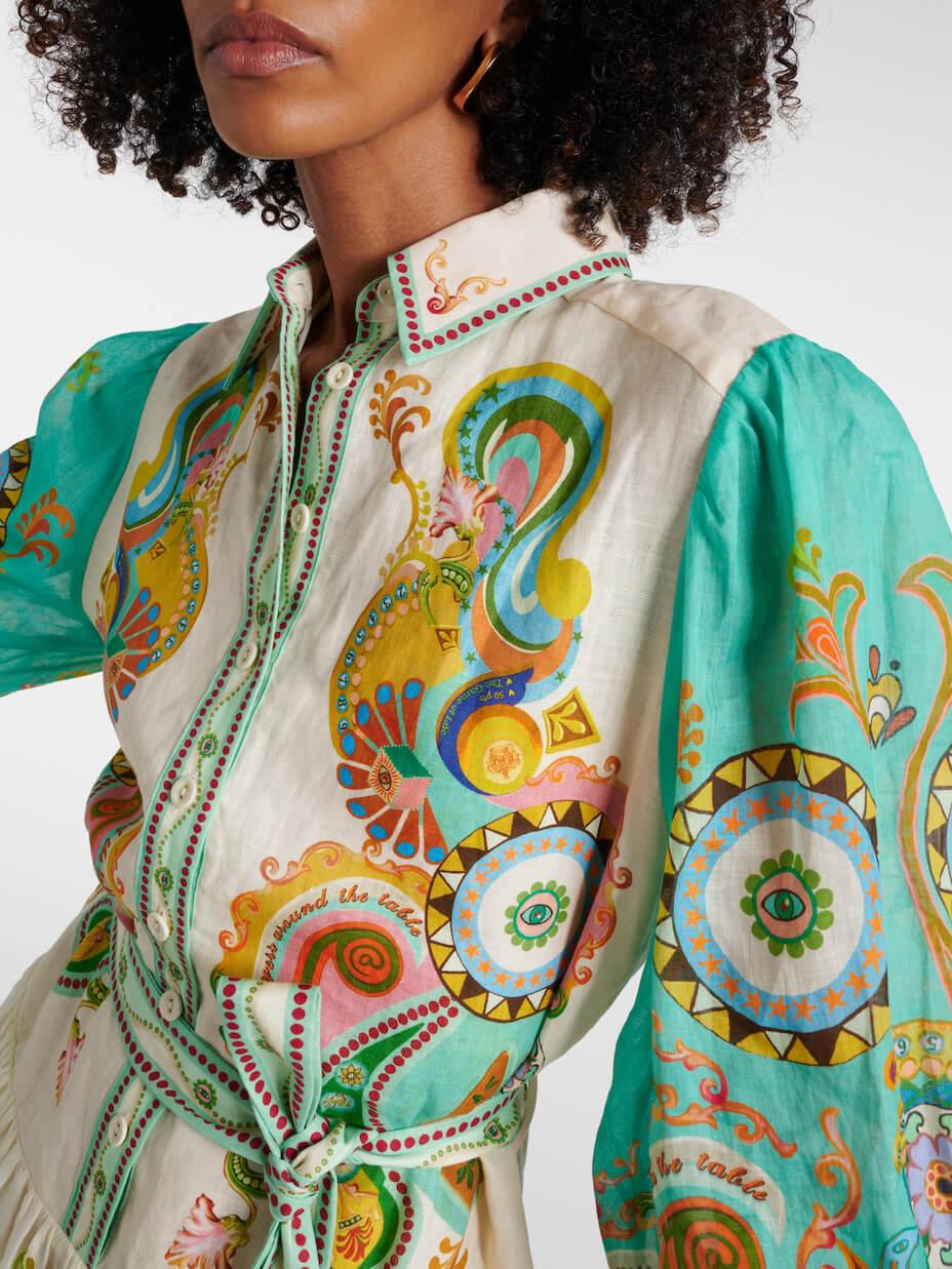 Aurohaya Unique Exquisite Fashion Print Puff Sleeve Tie Midi Dress