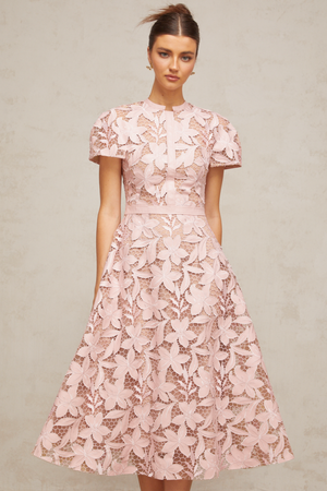 Aurohaya Vérane pink guipure-lace midi dress