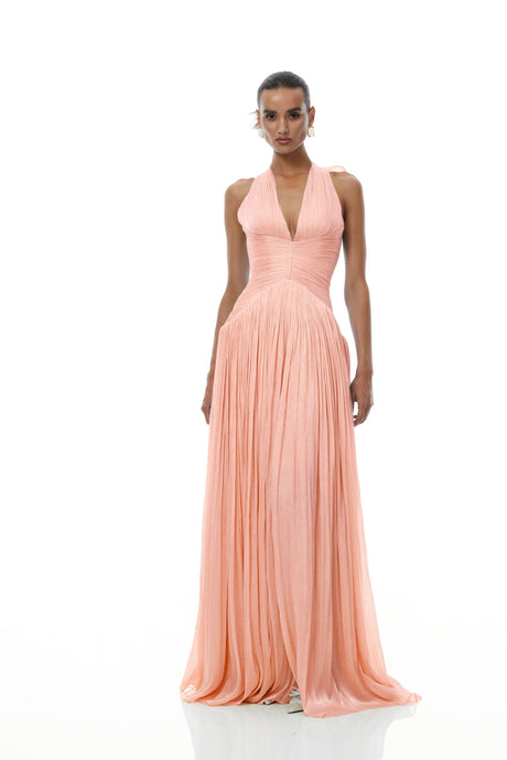 Aurohaya Térébenthine Pink Glossy Gathered Maxi Dress