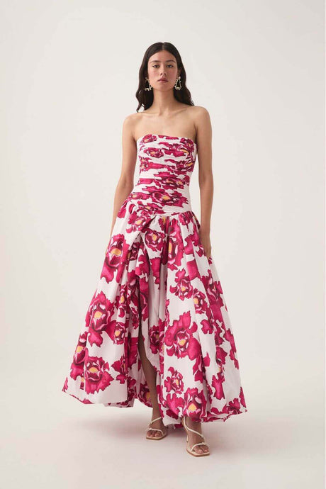 Aurohaya Jeanne Hydrangea Floral Strapless Maxi Dress Red