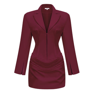 Aurohaya Rosette Burgundy Ruched Blazer Mini Dress